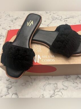 Silvia Cobos Black Braided Fringe Slide Sandals